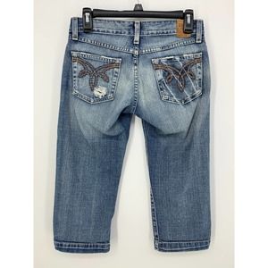 BKE Women's 26 Distressed Medium Blue Wash Capri Jeans 100% Cotton Embroidered